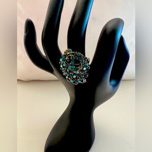 Elegant Peacock Silver and Blue Statement Ring -adjustable